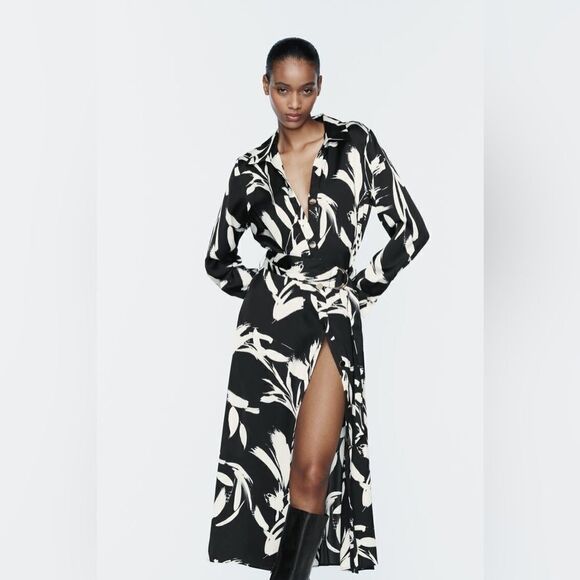 Zara Satin Printed Belted Dress New - Picture 2 of 9